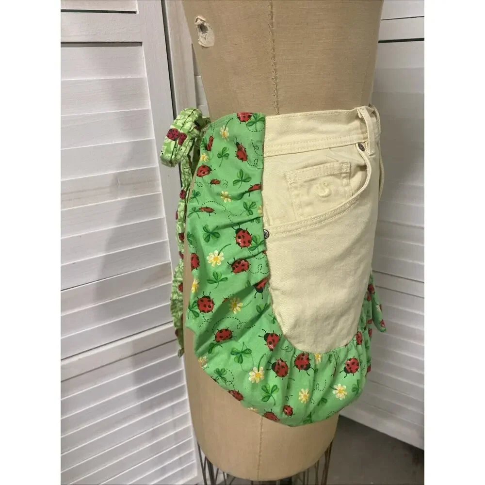 Handmade Ivory Denim Jeans Half Apron Ladybug Fabric Ruffle One Size